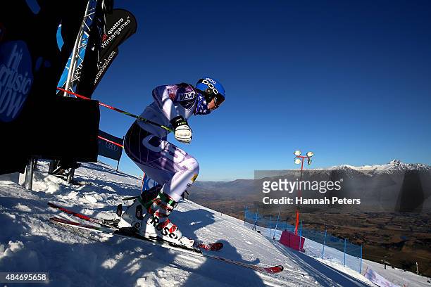 Nina O'Brien of the United States competes in the Slalom time trials ahead of the Opening Ceremony for the Winter Games NZ at Coronet Peak on August...