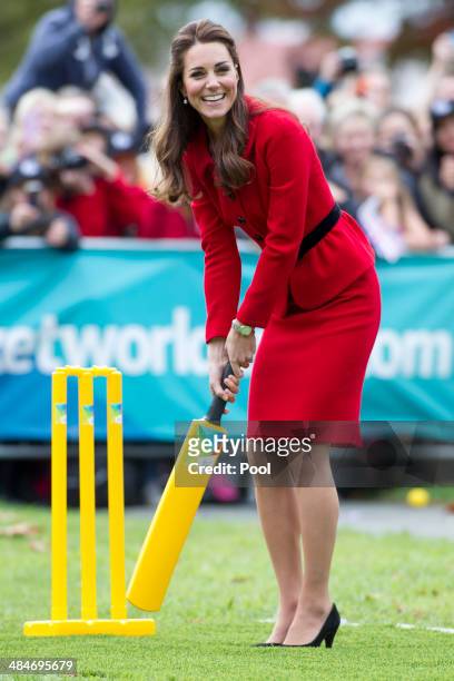 Catherine, Duchess of Cambridge plays cricket in Latimer Square Gardens on April 14, 2014 in Christchurch, New Zealand. The Duke and Duchess of...