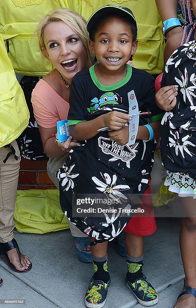 Britney Spears Attends A Back-To-School Event Benefiting The Nevada Childhood Cancer Foundation at the Zappos Campus in Downtown Las Vegas