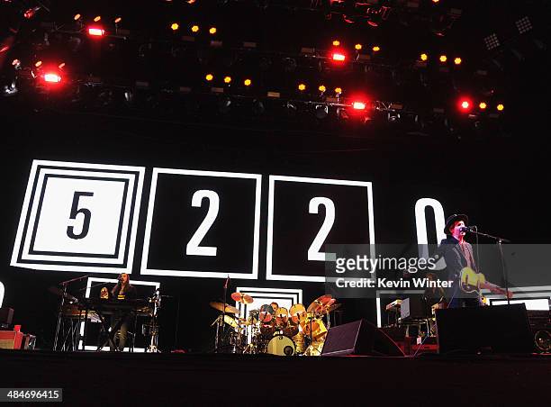 Musicians Roger Joseph Manning Jr., Joey Waronker and Beck perform onstage during day 3 of the 2014 Coachella Valley Music & Arts Festival at the...
