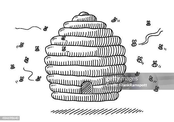 beehive and flying bees drawing - bee drawing stock illustrations
