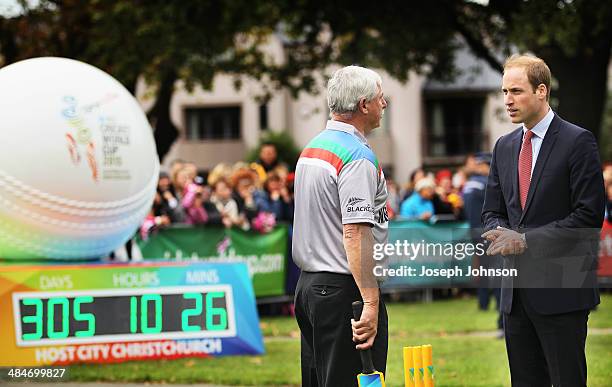 Prince William, Duke of Cambridge and Sir Richard Hadlee, ICC Cricket World Cup 2015 Ambassador talk following a game of cricket during the countdown...