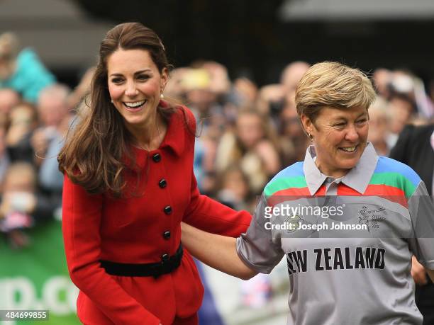 Catherine, Duchess of Cambridge and Debbie Hockley, ICC Hall of Fame react to Prince William, Duke of Cambridge batting during a game of cricket...