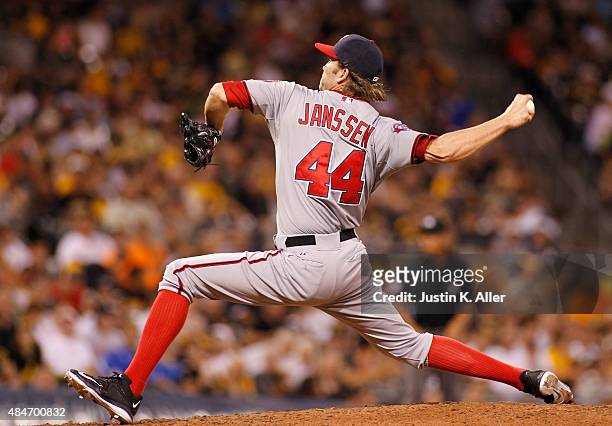 Casey Janssen of the Washington Nationals pitches during the game against the Pittsburgh Pirates at PNC Park on July 24, 2015 in Pittsburgh,...
