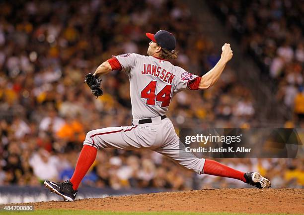 Casey Janssen of the Washington Nationals pitches during the game against the Pittsburgh Pirates at PNC Park on July 24, 2015 in Pittsburgh,...
