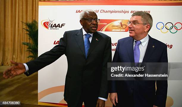President Thomas Bach attends with IAAF President Lamine Diack the IAAF Council and IOC Executive Board meeting at Intercontinental Beijing Beichen...