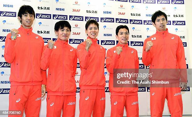 Kei Takase, Kazuhiro Maeda, Yusuke Suzuki, Masakazu Fujiwara and Hiroki Ogita of Japan pose for photographs during a press conference ahead of the...