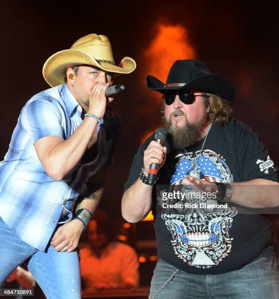 Male Vocalist of the Year Jason Aldean is joined on stage by Singer/Songwriter Colt Ford at Country Thunder USA In Florence, Arizona - Day 4 on April...