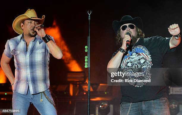 Male Vocalist of the Year Jason Aldean is joined on stage by Singer/Songwriter Colt Ford at Country Thunder USA In Florence, Arizona - Day 4 on April...