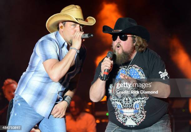 Male Vocalist of the Year Jason Aldean is joined on stage by Singer/Songwriter Colt Ford at Country Thunder USA In Florence, Arizona - Day 4 on April...