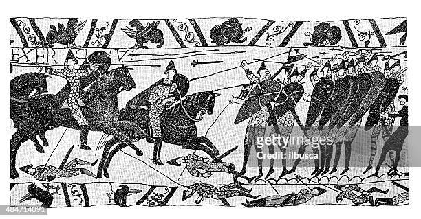 antike illustration von bayeux wandteppich - normans stock-grafiken, -clipart, -cartoons und -symbole