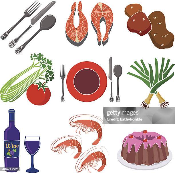 illustrazioni stock, clip art, cartoni animati e icone di tendenza di cena a base di frutti di mare di elementi di design - ciambellone