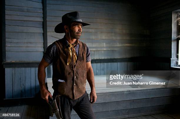 Stunt actor Rafael Aparicio performs during a show for tourists at Fort Bravo/Texas Hollywood on August 20, 2015 in Almeria, Spain. Fort Bravo Texas...