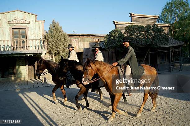 Stunt actors perform during a show for tourists at Fort Bravo/Texas Hollywood on August 20, 2015 in Almeria, Spain. Fort Bravo Texas Hollywood, built...