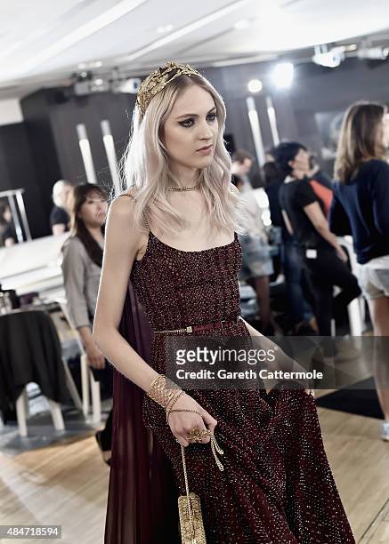 Model backstage before the Elie Saab show as part of Paris Fashion Week Haute Couture Fall/Winter 2015/2016 on July 8, 2015 in Paris, France.