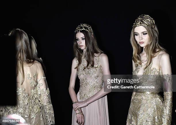 Models backstage before the Elie Saab show as part of Paris Fashion Week Haute Couture Fall/Winter 2015/2016 on July 8, 2015 in Paris, France.