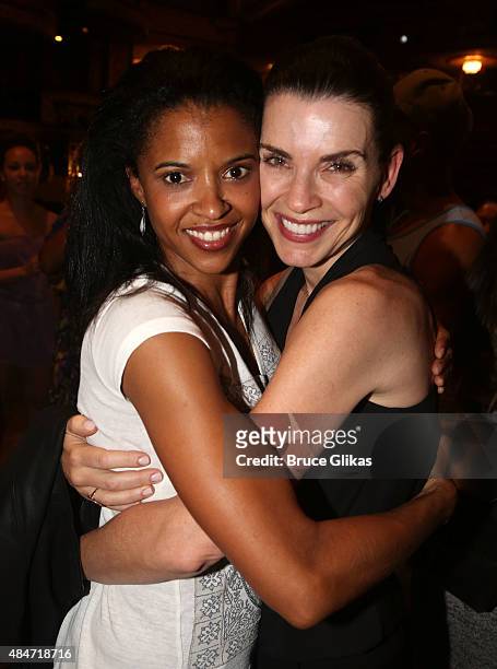 Renee Elise Goldsberry and Julianna Marguiles pose backstage at the hit musical "Hamilton" on Broadway at The Richard Rogers Theater on August 20,...