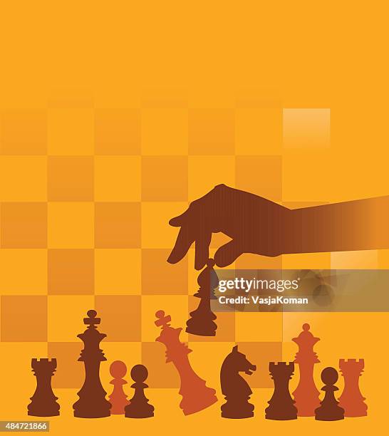 chess pieces with hand on checked background - queen-chess-piece-clip-art stock illustrations