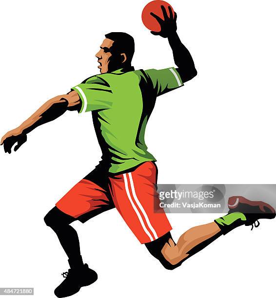 handball player jumping to shoot for goal - isolated - handball stock illustrations