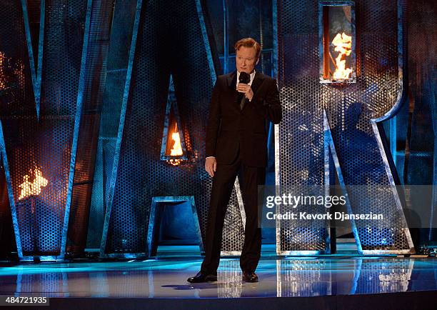 Host Conan O'Brien speaks onstage at the 2014 MTV Movie Awards at Nokia Theatre L.A. Live on April 13, 2014 in Los Angeles, California.