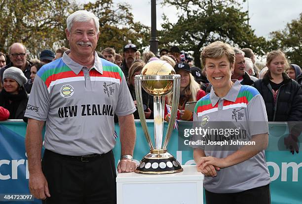Sir Richard Hadlee, ICC Cricket World Cup 2015 Ambassador and Debbie Hockley, ICC Hall of Fame pose for a photo with the cricket World Cup Trophy...