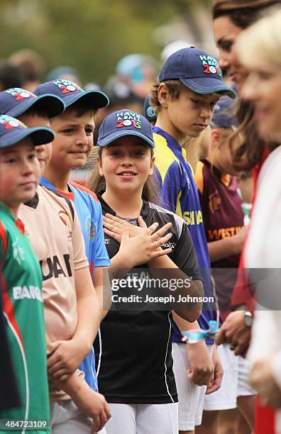 Young cricketer after meeting Catherine, Duchess of Cambridge during the countdown to the 2015 ICC Cricket World Cup at Latimer Square on April 14,...