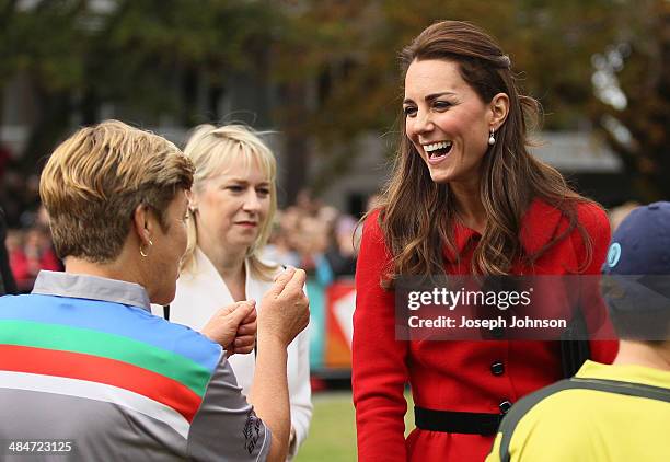 Catherine, Duchess of Cambridge and Debbie Hockley, ICC Hall of Fame react following a game of cricket during the countdown to the 2015 ICC Cricket...