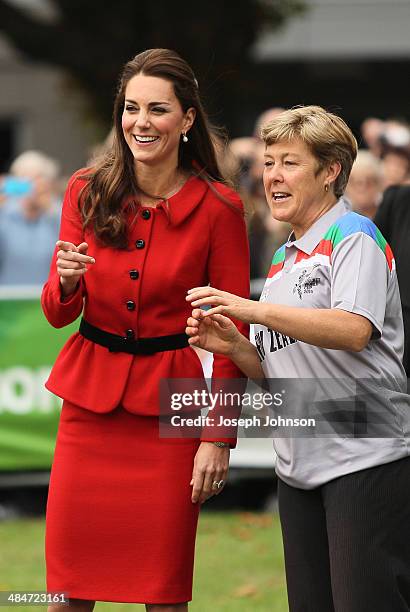 Catherine, Duchess of Cambridge and Debbie Hockley, ICC Hall of Fame react to Prince William, Duke of Cambridge batting during a game of cricket...