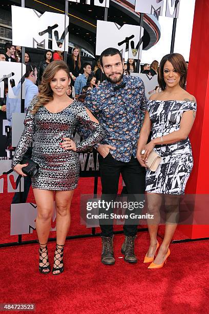 Personalities Camila Nakagawa, Frank Sweeney and Aneesa Ferreira attend the 2014 MTV Movie Awards at Nokia Theatre L.A. Live on April 13, 2014 in Los...