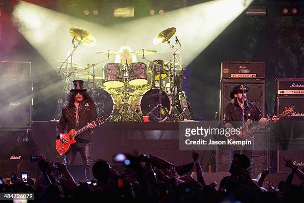 Musician Slash performs onstage with Musicians Mikkey Dee and Lemmy Kilmister of Motorhead during day 3 of the 2014 Coachella Valley Music & Arts...