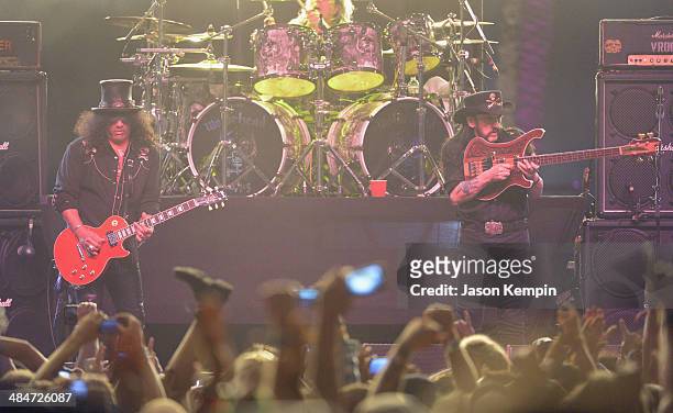 Musician Slash performs onstage with Musicians Mikkey Dee and Lemmy Kilmister of Motorhead during day 3 of the 2014 Coachella Valley Music & Arts...