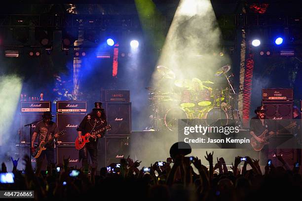 Musicians Phil "Wizzö" Campbell, Mikkey Dee and Lemmy Kilmister of Motorhead perform onstage during day 3 of the 2014 Coachella Valley Music & Arts...