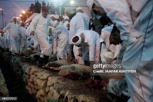 Samaritans take part in the traditional Passover sacrifice ceremony, where sheep and goats are slaughtered, at Mount Gerizim near the northern West...