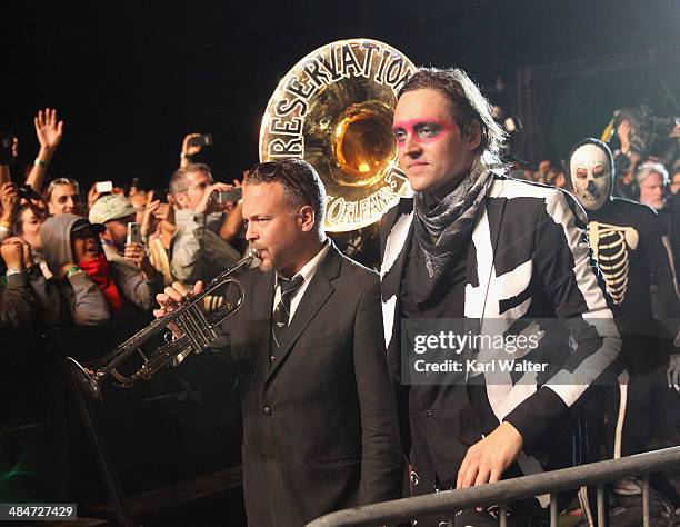 Musician Mark Braud of Preservation Hall Jazz Band performs with Win Butler of Arcade Fire during day 3 of the 2014 Coachella Valley Music & Arts...