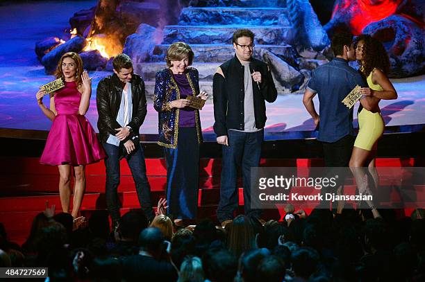 Actors Peyton McCormick, Dave Franco, Sandra Daubert, Seth Rogen, Zac Efron and Tiffany Luce speak onstage at the 2014 MTV Movie Awards at Nokia...