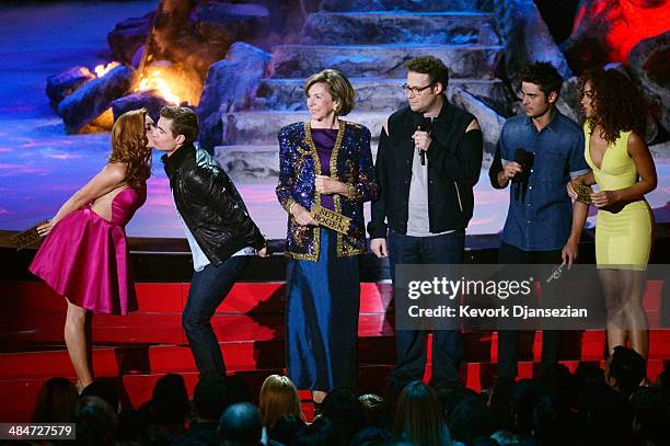 Actors Peyton McCormick, Dave Franco, Sandra Daubert, Seth Rogen, Zac Efron and Tiffany Luce speak onstage at the 2014 MTV Movie Awards at Nokia...