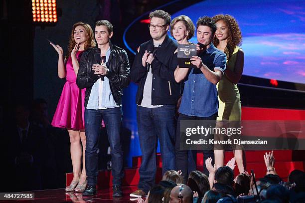 Actors Peyton McCormick, Dave Franco, Sandra Daubert, Seth Rogen, Zac Efron and Tiffany Luce speak onstage at the 2014 MTV Movie Awards at Nokia...