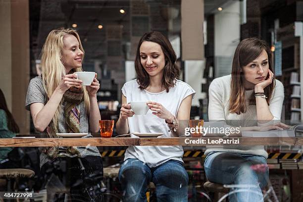 group of friends relaxing at cafe in scandinavia - banned stockfoto's en -beelden