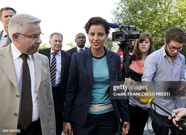 French Minister of Education Najat Vallaud-Belkacem arrives at the Jean Rostand high school in Le Cateau Cambresis on August 21 to promote the...