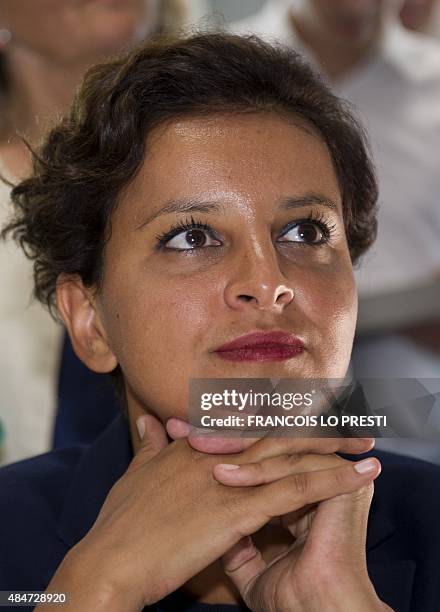 French Minister of Education Najat Vallaud-Belkacem looks on during a meeting with students at the Jean Rostand high school in Le Cateau Cambresis on...