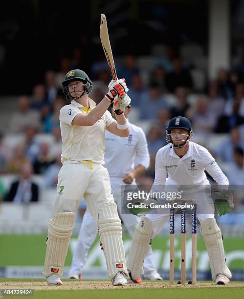 Steven Smith of Australia hits out for six runs during day two of the 5th Investec Ashes Test match between England and Australia at The Kia Oval on...