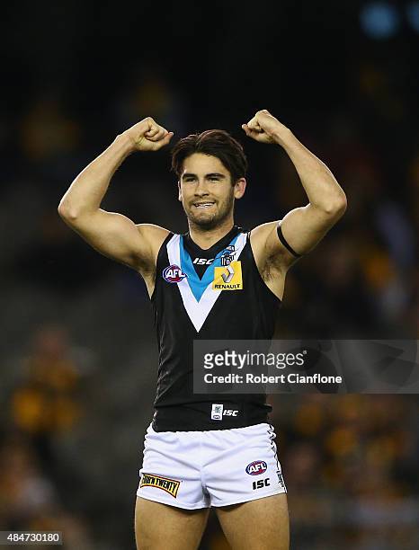 Chad Wingard of Port Adelaide celebrates on the siren after the Power defeated the Hawks during the round 21 AFL match between the Hawthorn Hawks and...