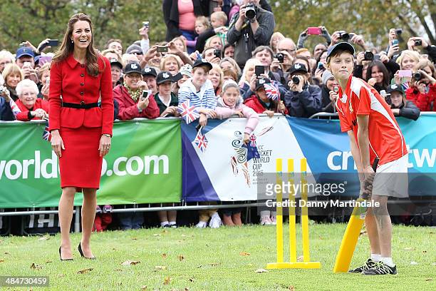 Catherine, Duchess of Cambridge is seen playing cricket during a 2015 Cricket World Cup event at Latimer Squareon April 14, 2014 in Christchurch, New...