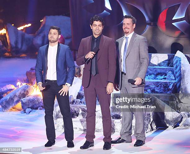 Adrian Grenier, Jerry Ferrara, and Kevin Dillon speak onstage during the 2014 MTV Movie Awards held at Nokia Theatre L.A. Live on April 13, 2014 in...