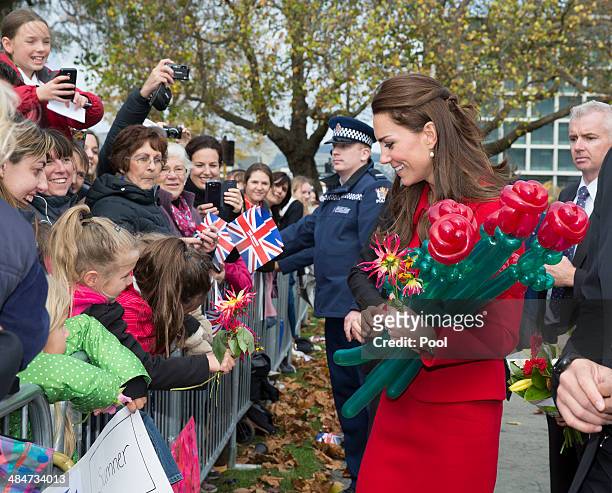 Catherine, Duchess of Cambridge and Prince William Duke of Cambridge greet the public in Latimer Square Gardens on April 14, 2014 in Christchurch,...