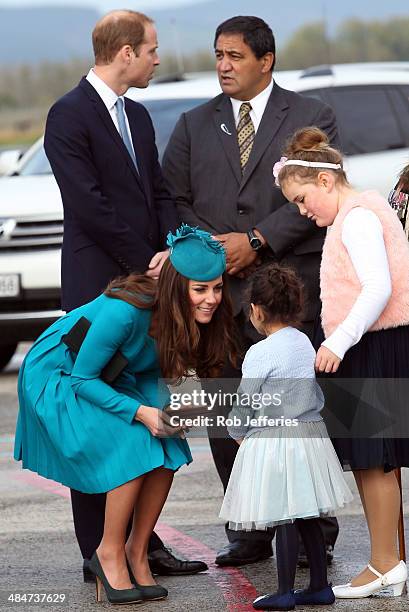 Prince William, Duke of Cambridge and Catherine, Duchess of Cambridge at the official greeting at Dunedin International Airport on April 13, 2014 in...