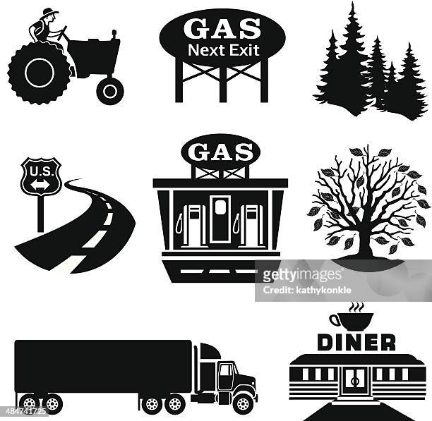 stockillustraties, clipart, cartoons en iconen met country gas station design elements - tractor filling up with fuel