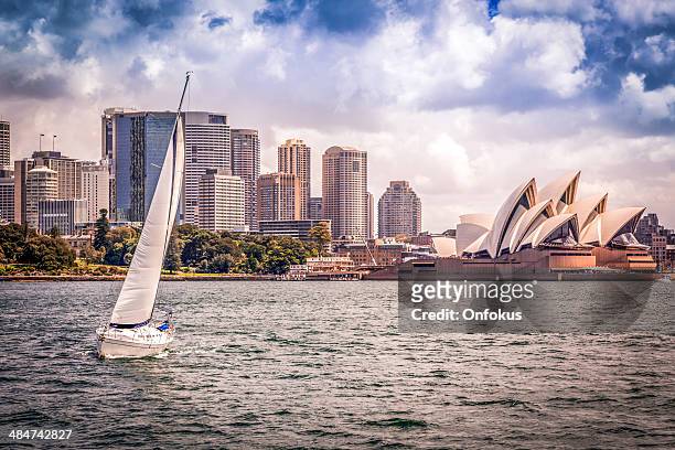 city of sydney cityscape with opera house and sailing boat - sydney opera house bildbanksfoton och bilder