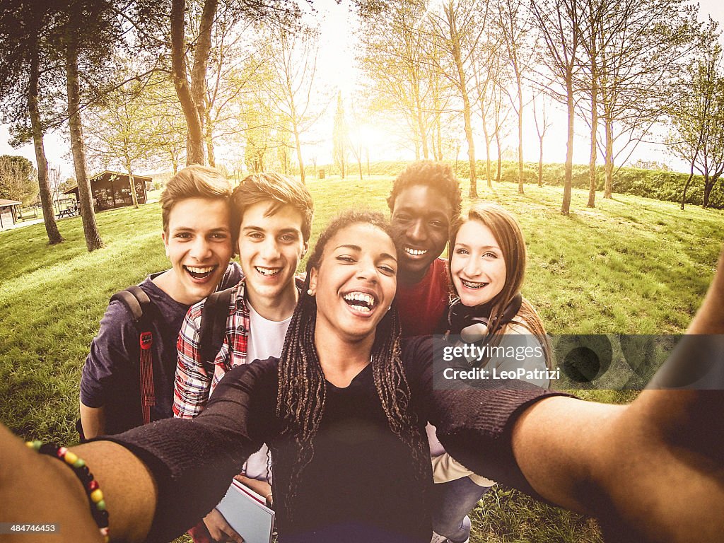 Selfie of young multiethnic friends in a park