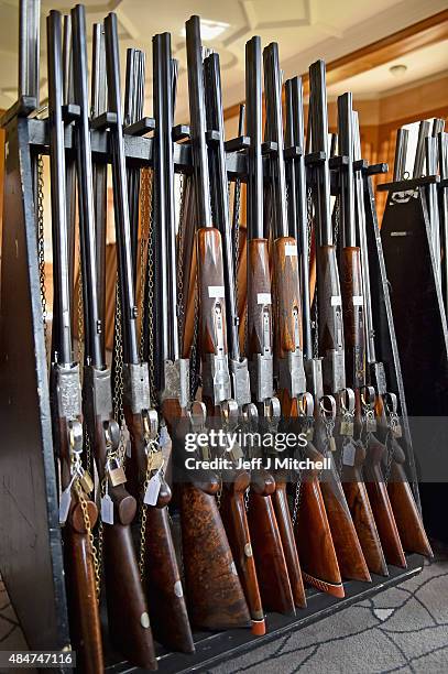 Guns on display at the Gavin Gardiner preview of his annual auction of Modern & Vintage Sporting Guns being held at Gleneagles Hotel on August 21,...